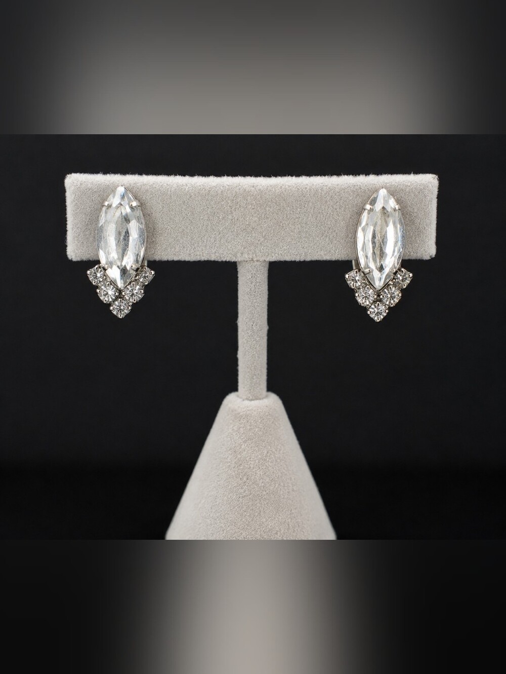 Vintage .75" Silver Tone Marquise Rhinestone Clip-On Earrings